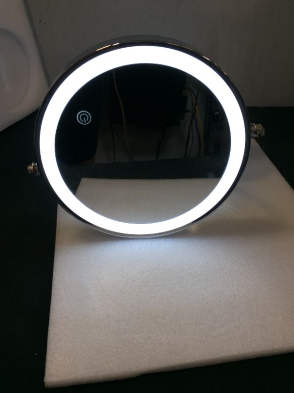 Photo 1 of Rechargeable Wall Mounted Lighted Makeup Mirror Chrome, 8 Inch Double-Sided LED Vanity Mirror 1X/10X Magnification,3 Color Lights Touch Screen Dimmable 360°Swivel 13 Inch Extendable Bathroom Mirror
