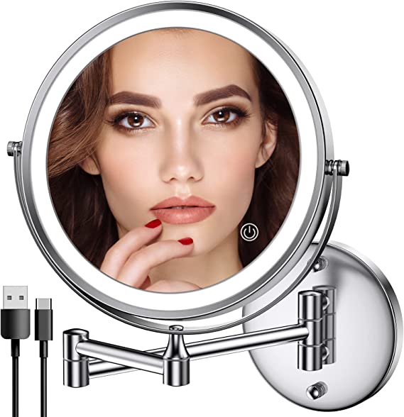 Photo 1 of Rechargeable Wall Mounted Lighted Makeup Mirror Chrome, 8 Inch Double-Sided LED Vanity Mirror 1X/10X Magnification,3 Color Lights Touch Screen Dimmable 360°Swivel 13 Inch Extendable Bathroom Mirror

