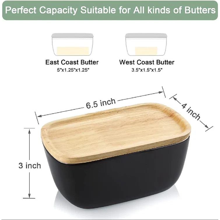 Photo 1 of 6.5" BLACK CERAMIC BUTTER CONTAINER WITH BAMBOO LID
