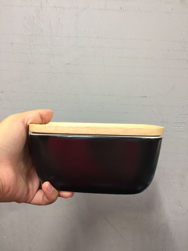 Photo 3 of 6.5" BLACK CERAMIC BUTTER CONTAINER WITH BAMBOO LID