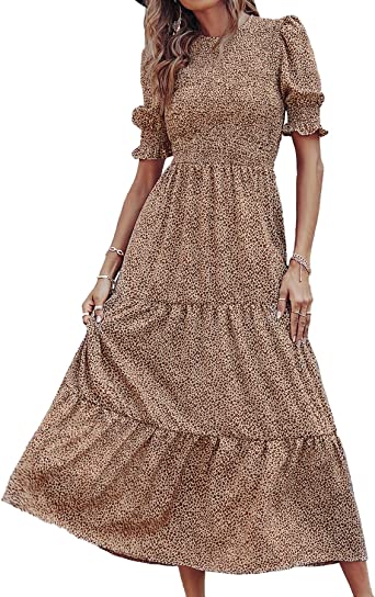 Photo 1 of BTFBM Women’s Dresses Crewneck Casual Summer Ruffle Short Sleeve Bohemian Tiered Smocked Long Maxi Dress Floral Leopard Print SIZE (M)
