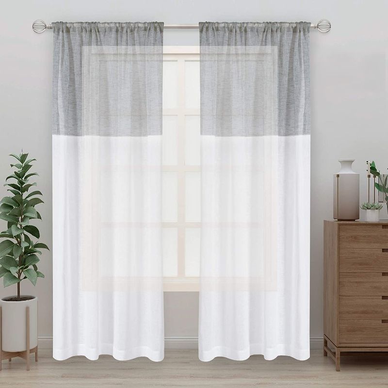 Photo 1 of 
LORDTEX Color Block Sheer Curtains - Linen Look Semi Sheer Drapes 84 inches Long Rod Pocket Voile Window Curtains for Bedroom Living Room, Set of 2 Panels (52 x 84, White and Light Grey Stripe)
