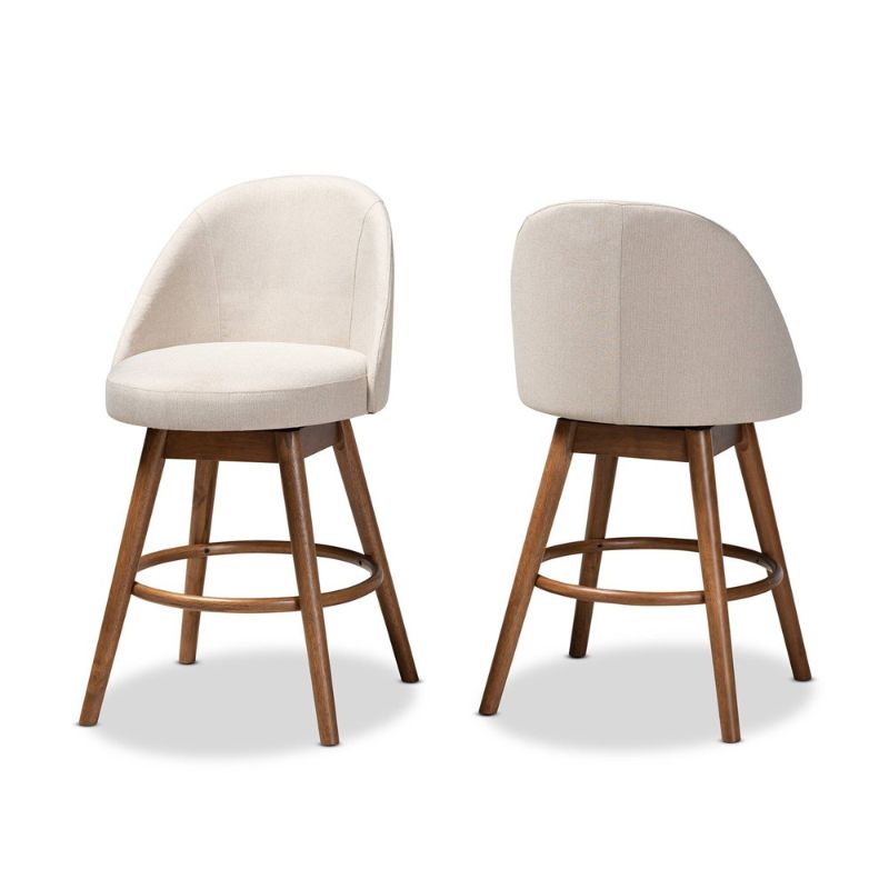 Photo 1 of Baxton Studio Carra Mid-Century Modern Light Beige Fabric Upholstered Walnut-Finished Wood Swivel Counter Stool Set
