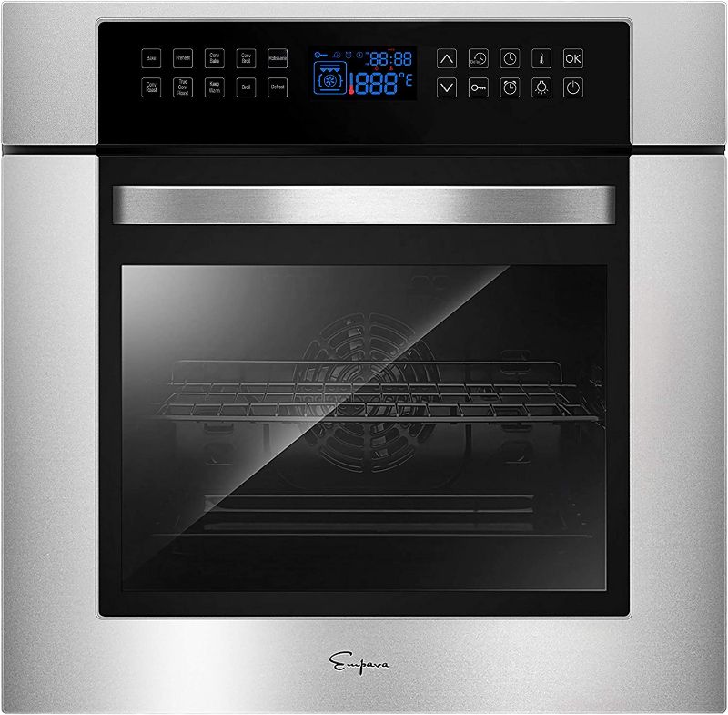 Photo 1 of Empava 24 Inch Electric Single Wall Oven 10 Cooking Functions Deluxe 360° ROTISSERIE with Sensitive Touch Control in Stainless Steel, SC02
