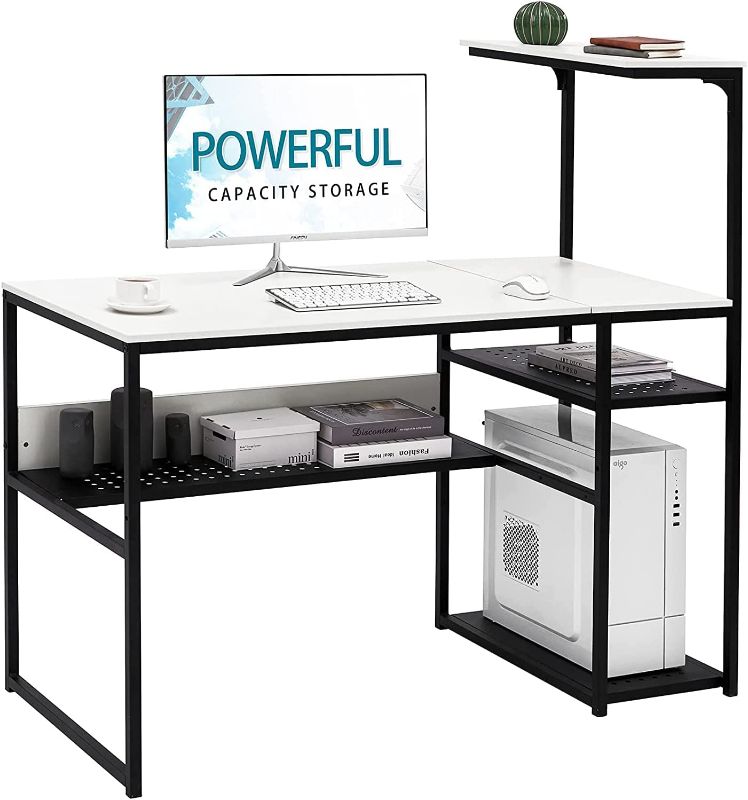 Photo 1 of  White Computer Desk with 4-Tier Reversible Storage Shelves, 40 inch Large Home Office Laptop Study Writing Table Workstation (White)
