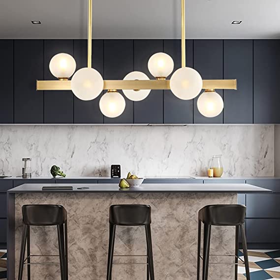 Photo 1 of BOKT Modern Gold Hanging Chandelier 7-Lights Frosted Glass Globe Pendant Personalized Molecular Metal Lighting Fixtures for Living Room Kitchen Island Bedroom Dining Room Corridor
