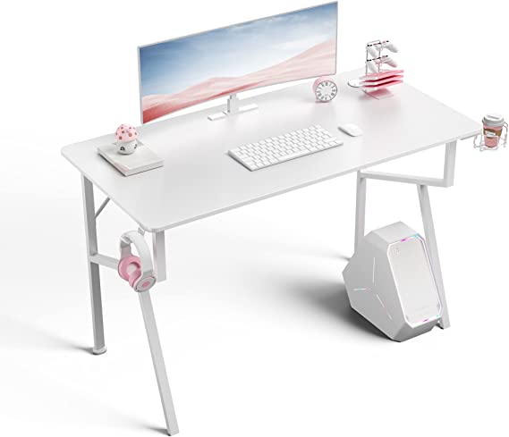 Photo 1 of EUREKA ERGONOMIC White Desk, 47 Inch Home Office K Shaped PC Gaming Computer Desk for Gamer Work Study Writing Table with Cable Management, Cup Holder, Headphone Hook, Mouse Pad, Easy to Assemble
