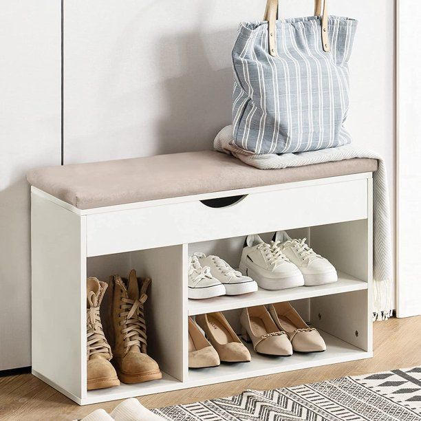 Photo 1 of APICIZON Shoe Storage Bench, Entryway Bench with Flip-up Padded Cushion and Storage Space, 2-Tier & 1- Hidden Compartment Shoe Rack for Bedroom, White
