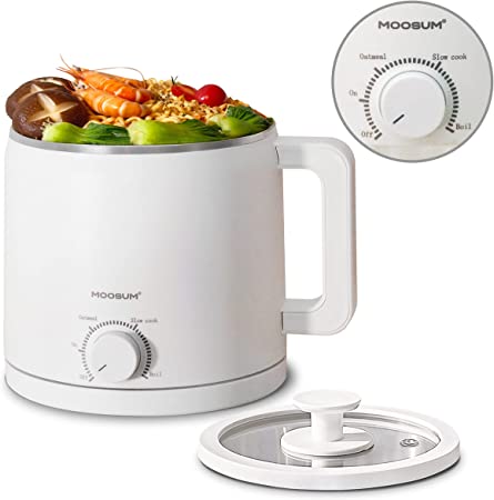 Photo 1 of MOOSUM Hot Pot Electric Cooker Mini 1.5L for Ramen Shabu Shabu Oatmeal Slow Cook Boil Rapid Noodle Soup Pasta Porridge Maker White Perfect for Student Single Stainless Steel with Over-heating Protection
