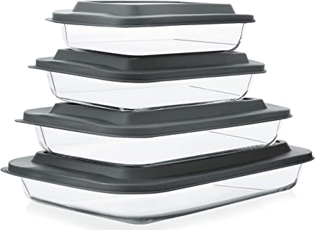 Photo 1 of 8-Piece Deep Glass Baking Dish Set with Plastic lids,Rectangular Glass Bakeware Set with BPA Free Lids, Baking Pans for Lasagna, Leftovers, Cooking, Kitchen, Freezer-to-Oven and Dishwasher, Gray
