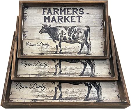 Photo 1 of DeliDecor Large Decorative Serving Trays with Handle, Set of 3 Nesting Rustic Wooden Organizer Distressed Farmers Market Farmhouse Decor with Cow Pattern, Coffee Food Platters, Open Daily 17"x12.5"
