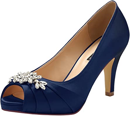 Photo 1 of ERIJUNOR Peep Toe Mid Heels for Woman Rhinestones Satin Evening Prom Wedding Shoes SIZE 9
