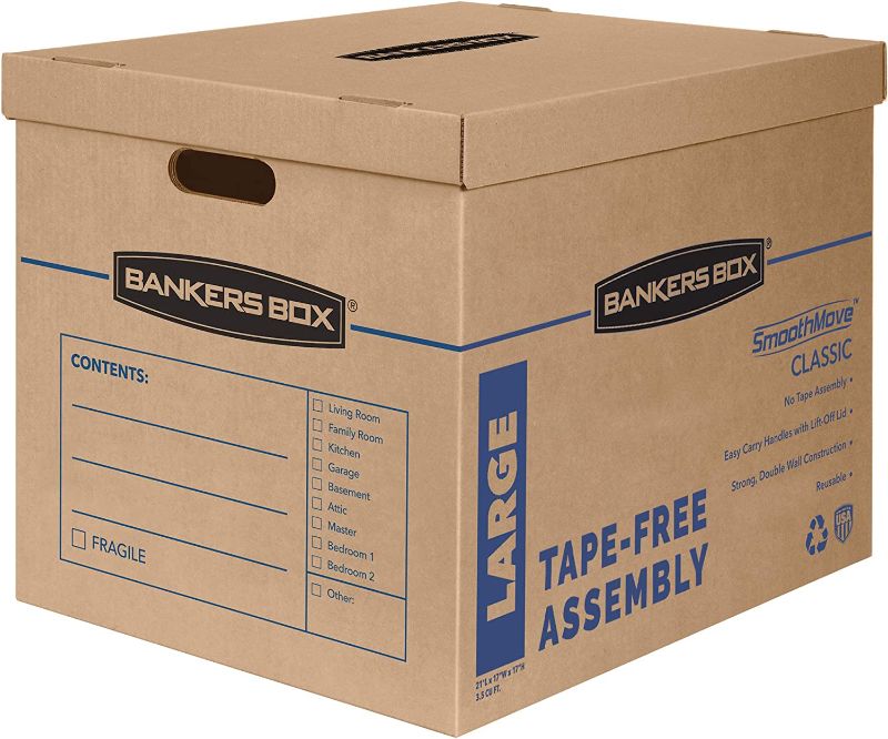 Photo 1 of Bankers Box SmoothMove Classic Moving Boxes, Tape-Free Assembly, Easy Carry Handles, Large, 21 x 17 x 17 Inches, 5 Pack (7718201)
