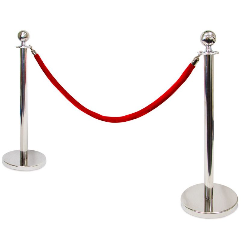 Photo 1 of 3-Foot Polished Ball Top Stanchions with 4.5-Foot Red Velvet Rope by Pudgy Pedro's Party Supplies (Silver)
--- minor dents 