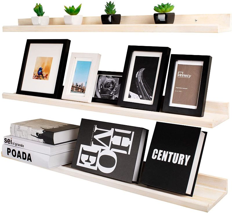 Photo 1 of Annecy Floating Shelves Wall Mounted Set of 3, 36 Inch Washed White Solid Wood Shelves for Wall, Wall Storage Shelves with Guardrail Design for Bedroom, Bathroom, Kitchen, Office, 3 Different Sizes
