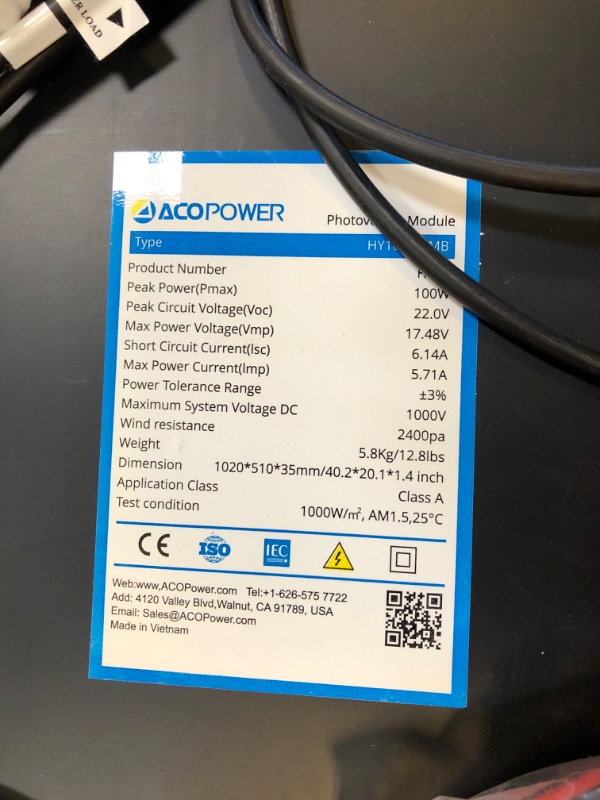 Photo 3 of ACOPOWER 100w 12v Monocrystalline Solar Panel Module with Connector (Panel Only, Compact Design)
OUT OF BOX ITEM 