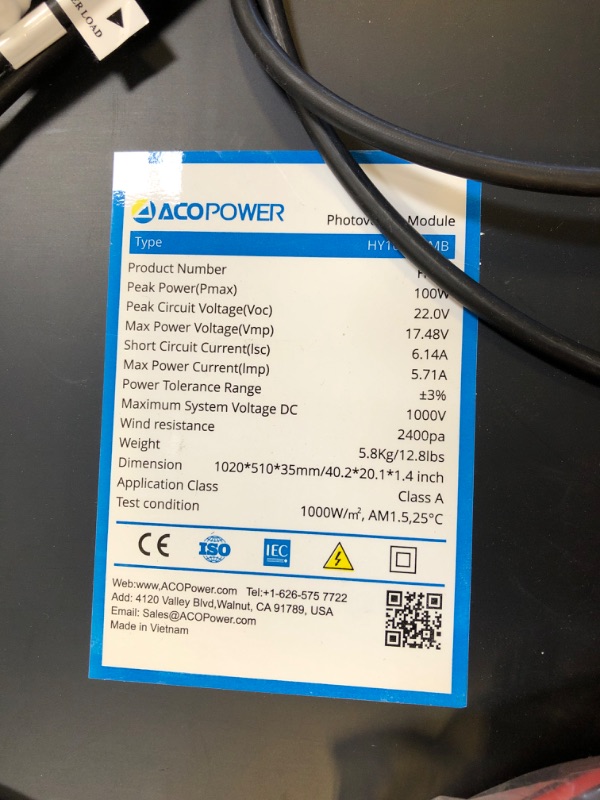 Photo 1 of ACOPOWER 100w 12v Monocrystalline Solar Panel Module with Connector (Panel Only, Compact Design)
OUT OF BOX ITEM 