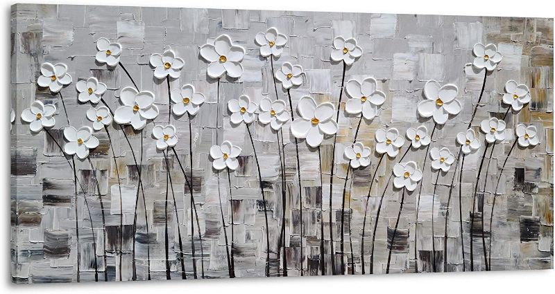 Photo 1 of Yihui Arts Flower Canvas Wall Art Hand Painted Large 3D Grey and White Paintings Modern Abstract Aesthetic Pictures Artwork for Living Room Bedroom Kithchen Decoration 20"x40" 
