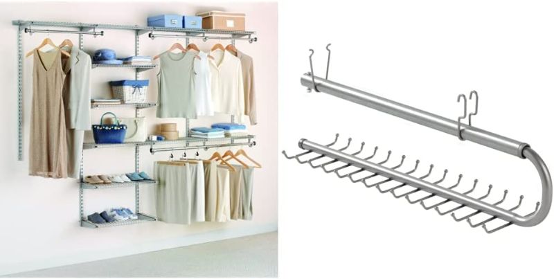 Photo 1 of Rubbermaid Configurations Deluxe Custom Closet Organizer System Kit, 4-to-8-Foot, Titanium, FG3H8900TITNM & Configurations 30-Hook Tie and Belt Organizer, Titanium(FG3H9802TITNM)
