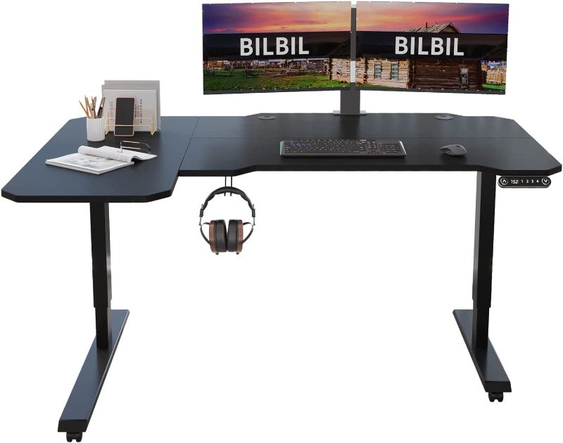 Photo 1 of BilBil L-Shaped Electric Height Adjustable Standing Desk 59 Inches, Stand Up Rising Table for Home Office with Splice Board, Black Frame and Top
