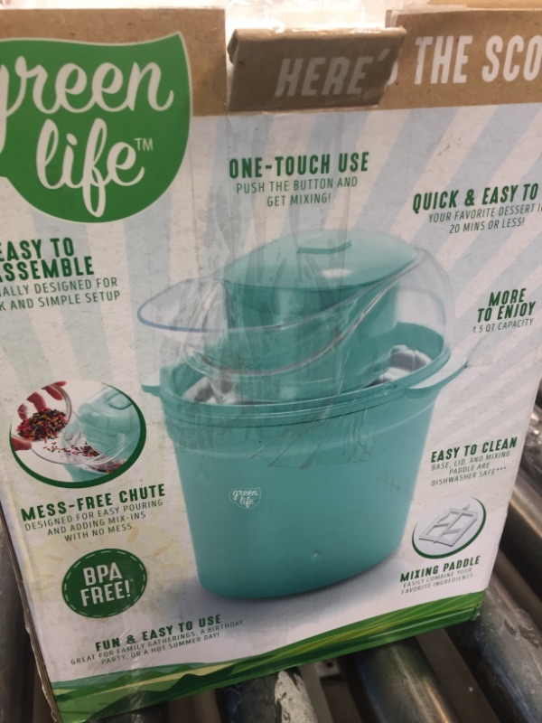 Photo 2 of GreenLife 1.5QT Electric Ice Cream, Frozen Yogurt and Sorbet Maker with Mixing Paddle, Dishwasher Safe Parts, Easy one Switch, BPA-Free, Turquoise
