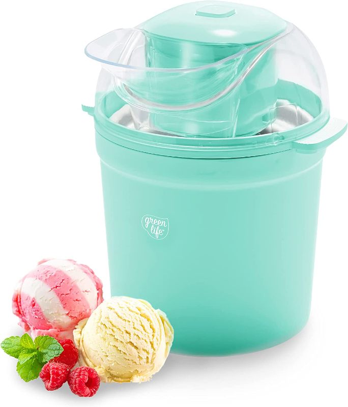 Photo 1 of GreenLife 1.5QT Electric Ice Cream, Frozen Yogurt and Sorbet Maker with Mixing Paddle, Dishwasher Safe Parts, Easy one Switch, BPA-Free, Turquoise
