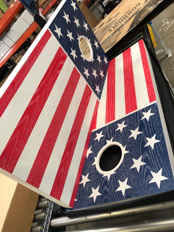 Photo 2 of GoSports Regulation Size Solid Wood Cornhole Set – American Flag Design – Includes Two 4’ x 2’ Boards, 8 Bean Bags, Carrying Case and Game Rules