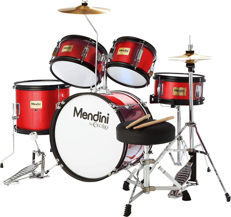 Photo 1 of ???Mendini By Cecilio Kids Drum Set - Starter Drums Kit with Bass, Toms, Snare, Cymbal, Hi-Hat, Drumsticks & Seat - Musical Instruments Beginner Sets, Red Drum Set
