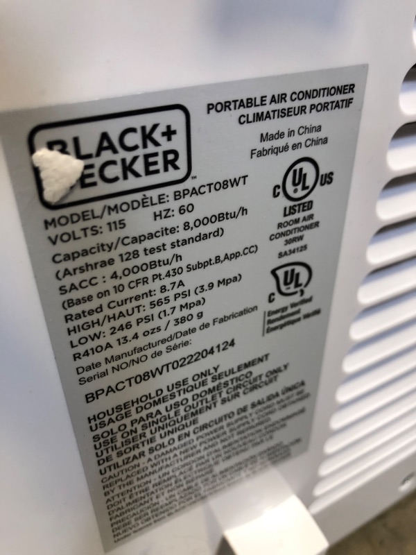 Photo 4 of BLACK+DECKER™ 8,000 BTU Portable Air Conditioner- MISSING HARDWARE 