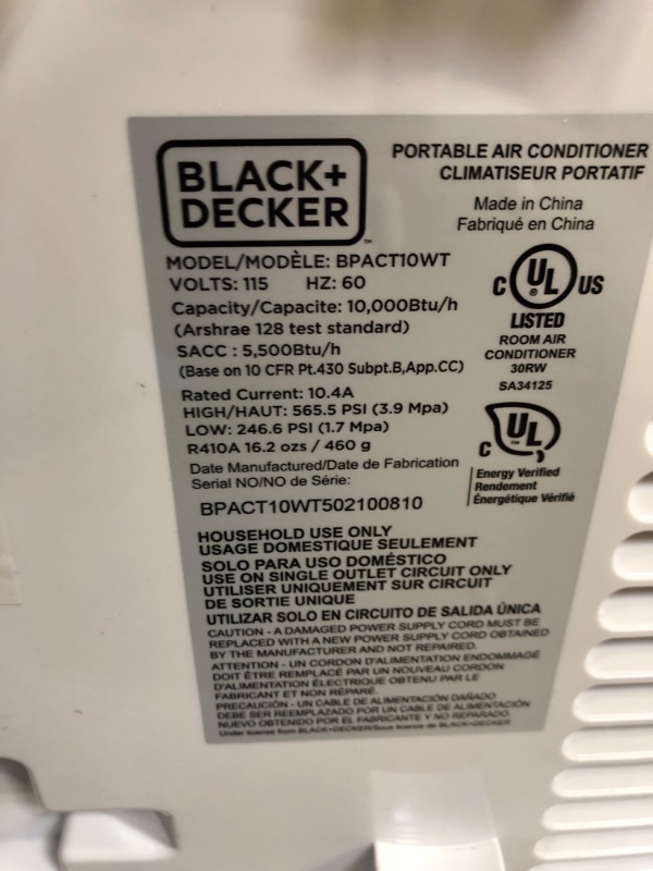 Photo 4 of Black+decker BPACT10WT 10,000 BTU Portable Air Conditioner with Remote - MISSING PARTS 