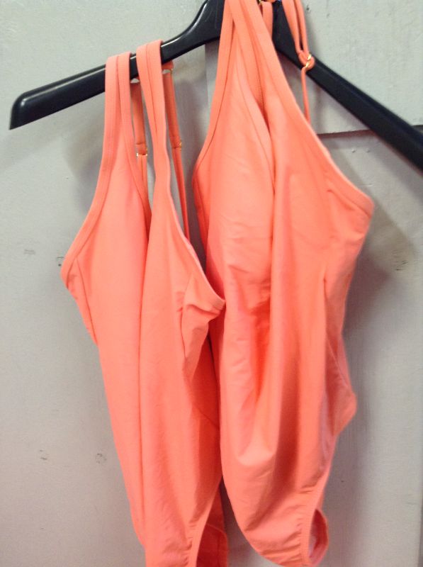 Photo 2 of  2Pcs Women's V-Neck Over the Shoulder High Leg One Piece Swimsuit - Kona Sol™ Peach Orange----Size 14W