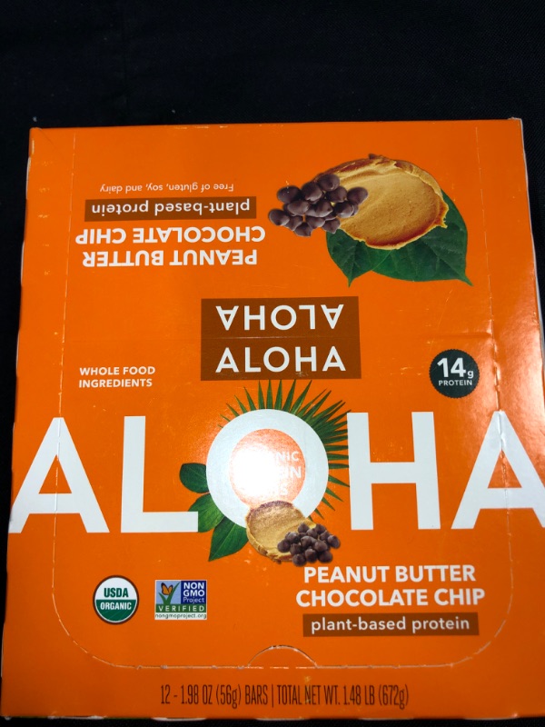 Photo 2 of ALOHA Organic Plant Based Protein Bars |Peanut Butter Chocolate Chip | 12 Count, 1.98oz Bars | Vegan, Low Sugar, Gluten Free, Paleo, Low Carb, Non-GMO, Stevia Free, Soy Free, No Sugar Alcohols, EXP 09/29/2022