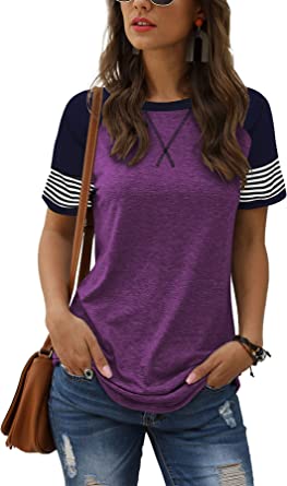 Photo 1 of Adibosy Women's Short Sleeve Tops Leopard Color Block T Shirt Casual Tunic Crew Neck Striped Shirt, SIZE L