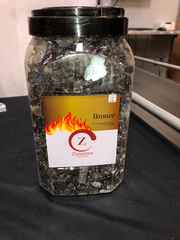 Photo 2 of  Zennister Fire Pit Glass Rocks,  High Luster, 1/2" Reflective Tempered Fire Glass in Bronze, 10 Pound Jar  for Natural or Propane Fireplace, Crushed Glass Stones for Firepit, Garden or Patio