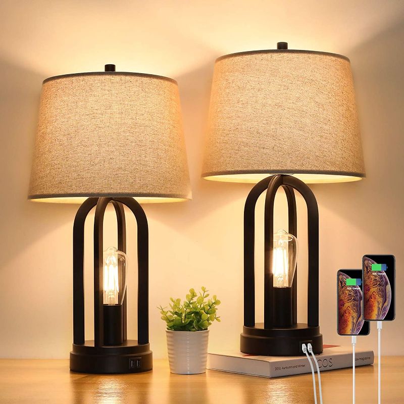 Photo 1 of Touch Bedside Table Lamps with Rotary Switch Set of 2, 3-Way Dimmable Bedroom Living Room Lamps with USB Charging Ports, Industrial Nightstand Lamp with Fabric Lampshade for Reading, Bulbs Included 