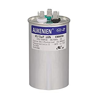 Photo 1 of AUKENIEN 45+5 uF 45/5 MFD 370V or 440V Dual Run Start Round AC Capacitor 45 5 uF 370 440 VAC CBB65B Air Conditioner Capacitors for Motor Fan Start or Heat Pump or Condenser Straight Cool