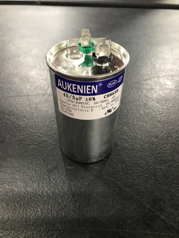 Photo 2 of AUKENIEN 45+5 uF 45/5 MFD 370V or 440V Dual Run Start Round AC Capacitor 45 5 uF 370 440 VAC CBB65B Air Conditioner Capacitors for Motor Fan Start or Heat Pump or Condenser Straight Cool