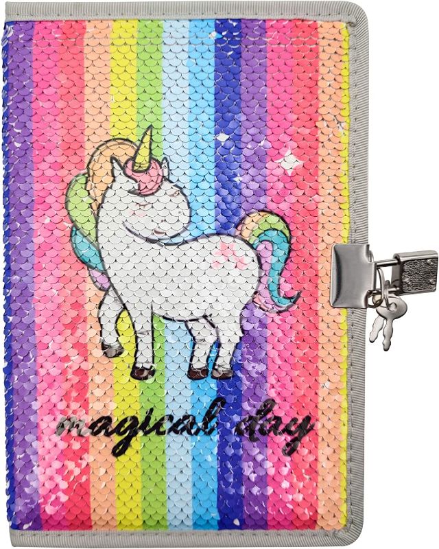 Photo 1 of Kids Journals for Girls - Unicorn Secret Diary with Lock and Key - Reversible Sequin Cute Notebook for Doodling, Drawing, Learning (Magical Day Unicorn) 