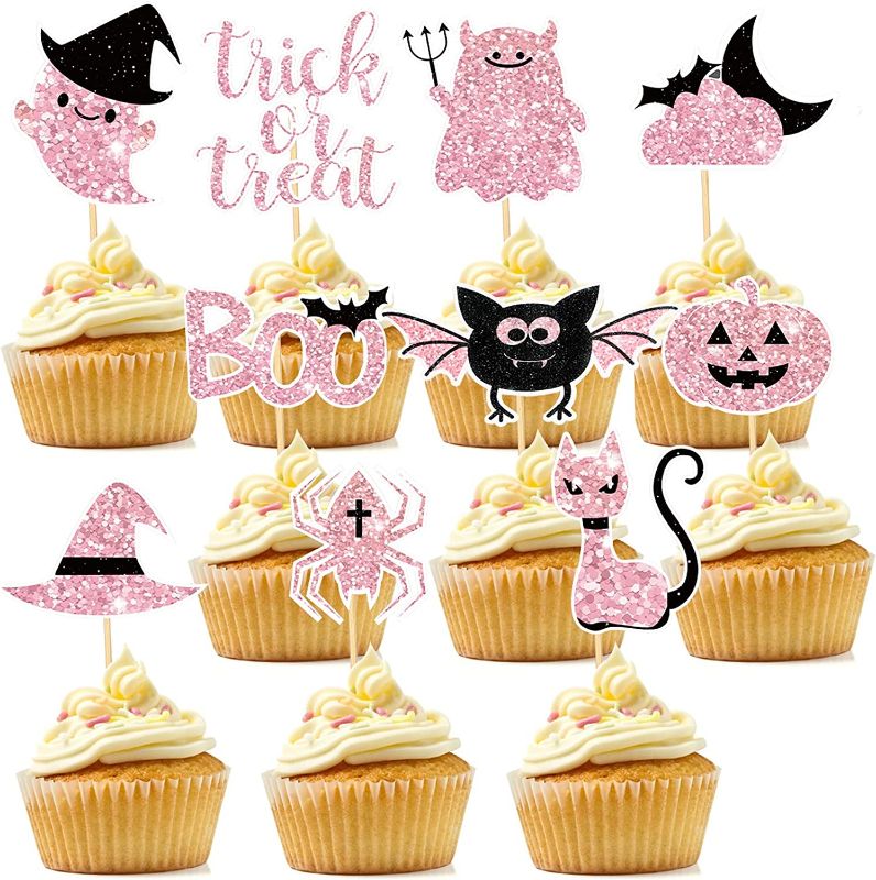 Photo 1 of 50 Pcs Halloween Cupcake Toppers, Halloween Pink Glitter Cake Topper Set with Witch Hat, Spider, Pumpkin, Ghost, Cat, Bat for Halloween Baby Shower Birthday Cake Decorations Kitchen Baking Supplies 