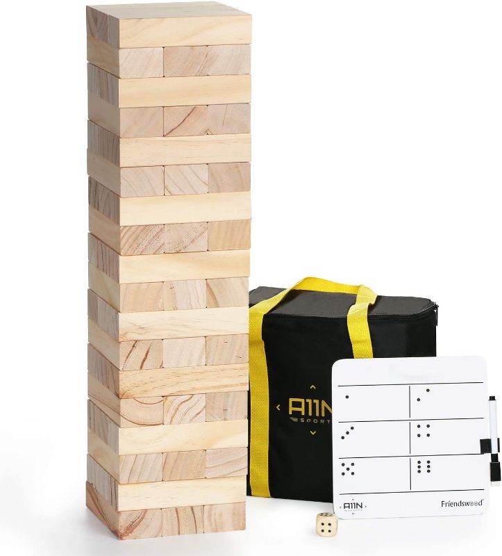 Photo 1 of A11N Tumble Tower Game | 54 Blocks, Starts at 1.5 Feet Tall and Build to 3 Feet Tall | Wooden Stacking Yard Game with Carrying Bag, Rules Board, 1 Dice
