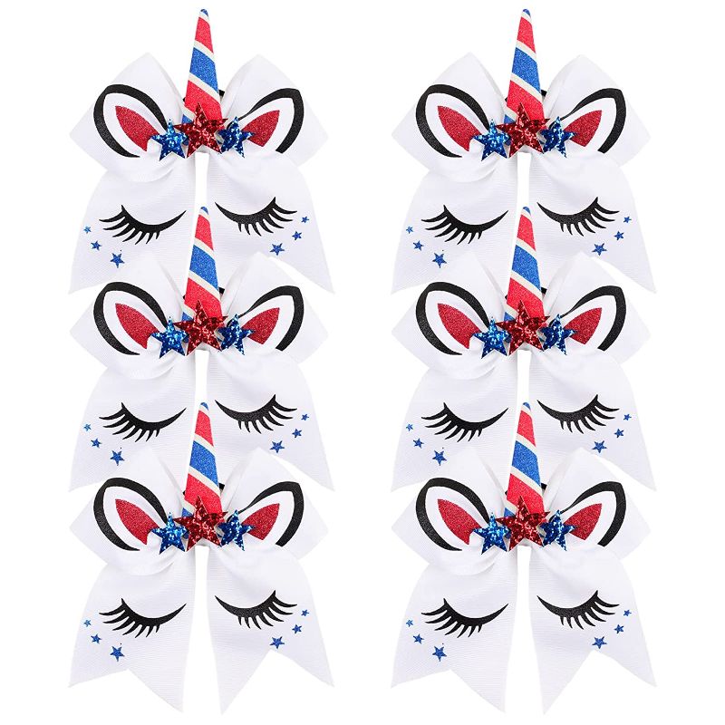 Photo 1 of 12 PCS Large Cheer Hair Bow For Girl, 12pcs SNOWSTAR Cheerleader Patriotic Hair Tie Unicorn Cheer Ponytail Holder Student Team Elastic Band For 4th of July (Black)
