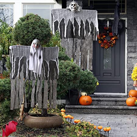 Photo 1 of 2 Pack Halloween Hanging Ghost Decoration, 33.5" Adjustable Arms Skeleton Flying Ghost for Haunted House Prop Décor, Halloween Outdoor Indoor Decor