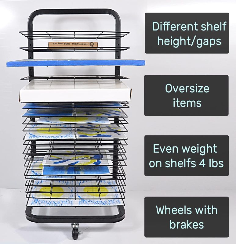 Photo 2 of Art Drying Rack - 25 Flexible Shelves, Mobile, Solid Metal, Power Coated Design, Ideal for Schools and Art Clubs. Total Height 39 inches, Shelves 12 by 17 inches