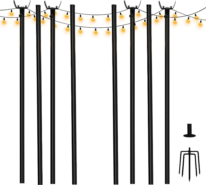 Photo 1 of APEX LIFE String Light Poles for Outdoor Deck or Patio | 2 Pack 9FT | Black Powdered Steel Pole for Lights 5-Prong + Flat Base Options | Great for Wedding Garden Cafe Party Backyard
