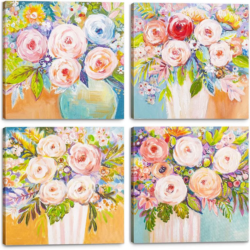 Photo 1 of ZNZ Canvas Wall Art Decor Modern Colorful Floral Pink Orange Happy Flower Print & Handmade Painting with Texture 12x12 inches 4 pieces Inspirational Wall Art for Living Room Bedroom, Bathroom, Office Decor Ready To Hang---FACTORY SEALED OPENED FOR PICTURE