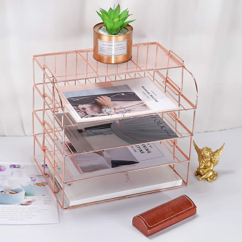 Photo 1 of  4-Tier Stackable Letter Tray, Rose Gold Desk Organizer, Metal File Organizer Tray, Paper Holder Rack