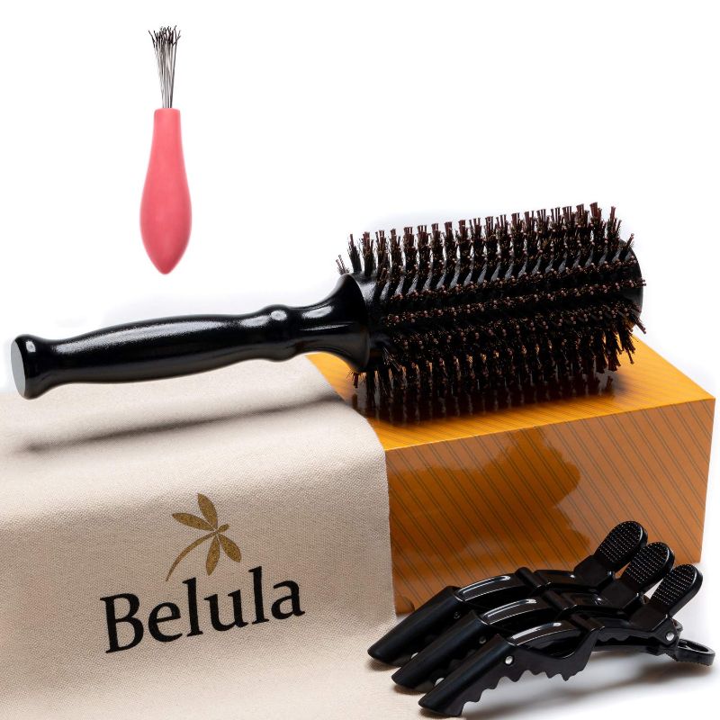 Photo 1 of  Boar Bristle Round Brush for Blow Drying Set. Round Hair Brush With Small 2" Wooden Barrel. Hairbrush Ideal to Add Volume and Body. Free 3 x Hair Clips & Travel Bag.