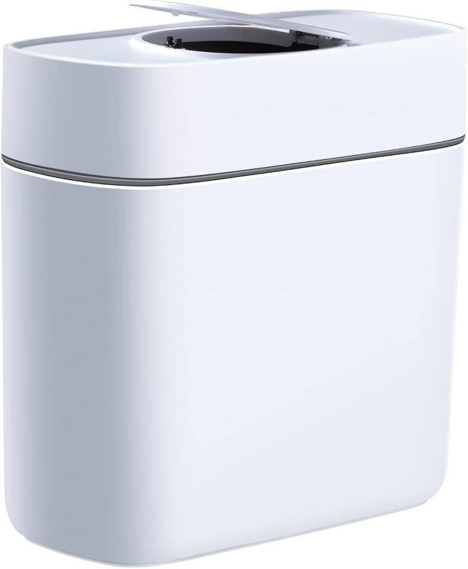 Photo 1 of  Trash Can Bin for Bathroom - 3 Gallon Trash Can with Lid, Slim Press Type Covered Garbage Bin, 14L Small Plastic Narrow Wastebasket for Bedroom, Bath, Office, Laundry, White Lint Bin