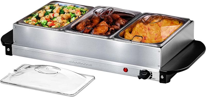 Photo 1 of Ovente Electric Buffet Server with 3 Warming Pan, Portable Food Warmer for Catering, Party, Entertaining and Holiday, Stainless Steel Chafing Dish Set with Temperature Control, Silver FW173S

