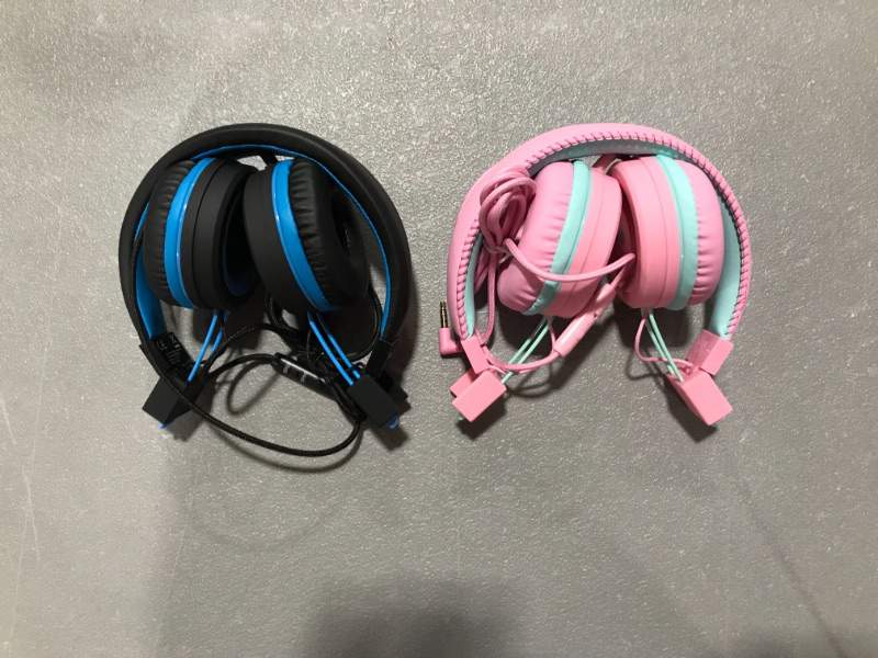 Photo 1 of [2 Pack] iClever Kids Headphones with Microphone, Safe Volume Limited 85dB/94dB -Sharing Splitter- Wired Headphones for Kids Boys Girls, Foldable Headphones for Online School/Travel/iPad, Black&Pink
